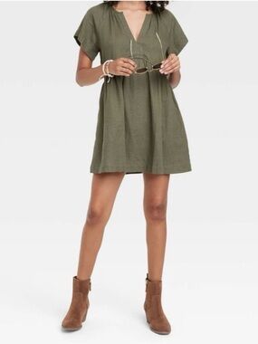 Universal Thread Green Linen Rayon Mini Shift Dress Forest Olive Green V-Neck